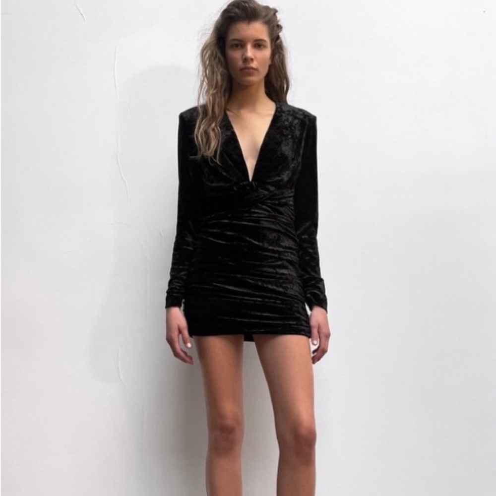 NWT Zara Black Velvet Mini Draped Mini Dress Shoulder Pads Medium Cocktail
